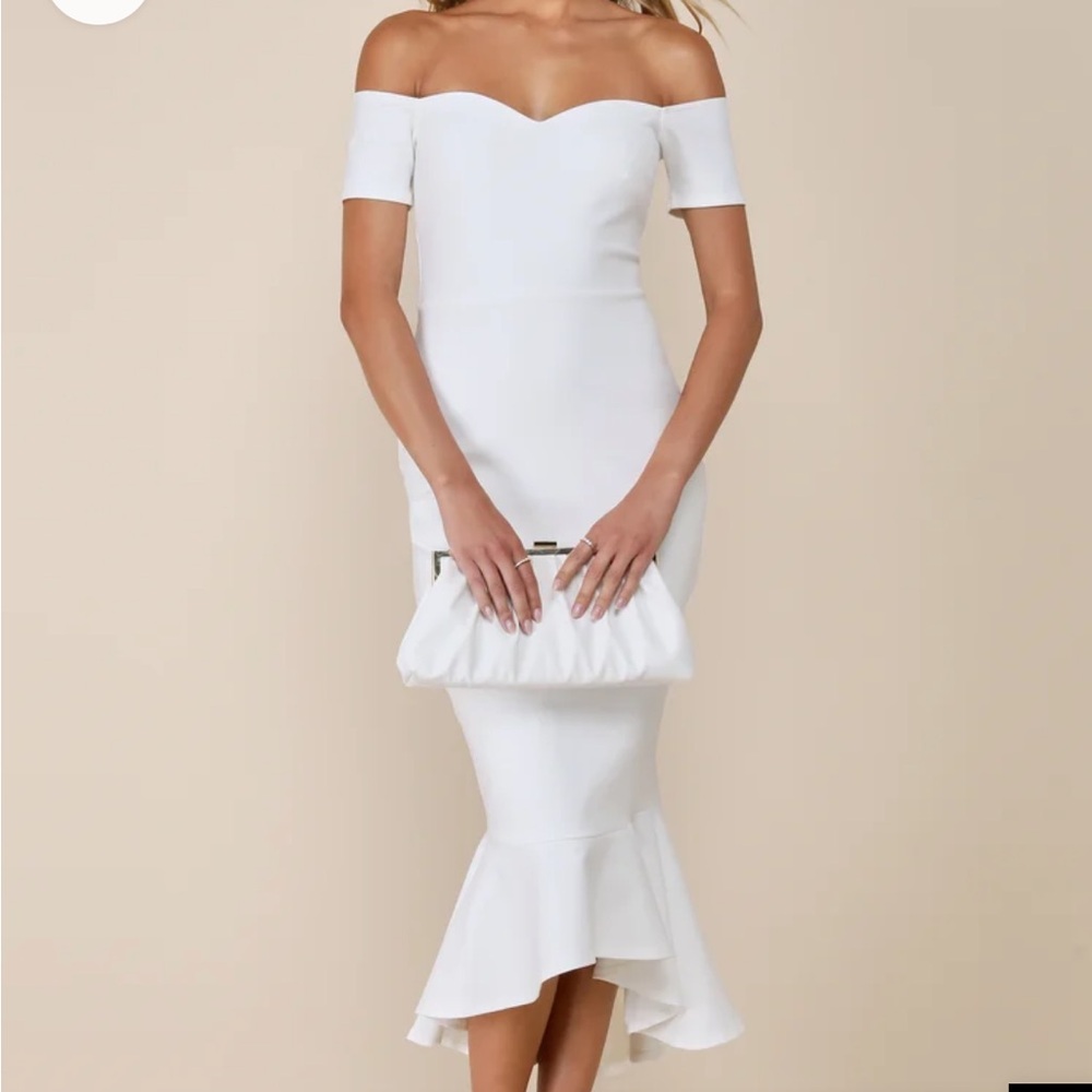 White Lulus Dress - How Much I Care Ivory Off-the-Shoulder Midi Dress